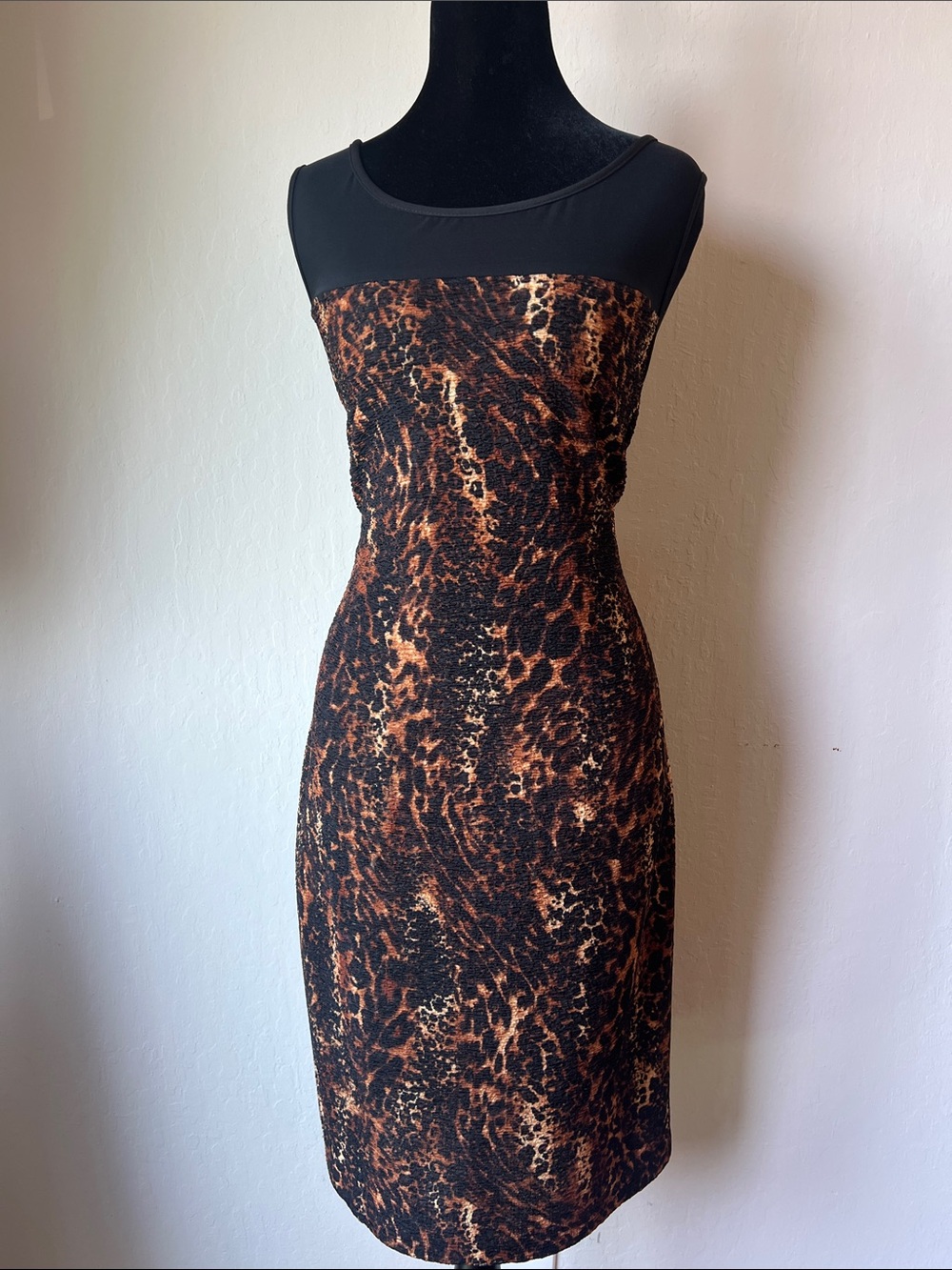 connected apparel Black Yoke Leopard Print Midi Sheath Dress